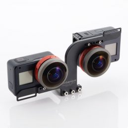 Entaniya Stereo Rig with 220 degree lenses and Back-Bone cameras 3/4 view